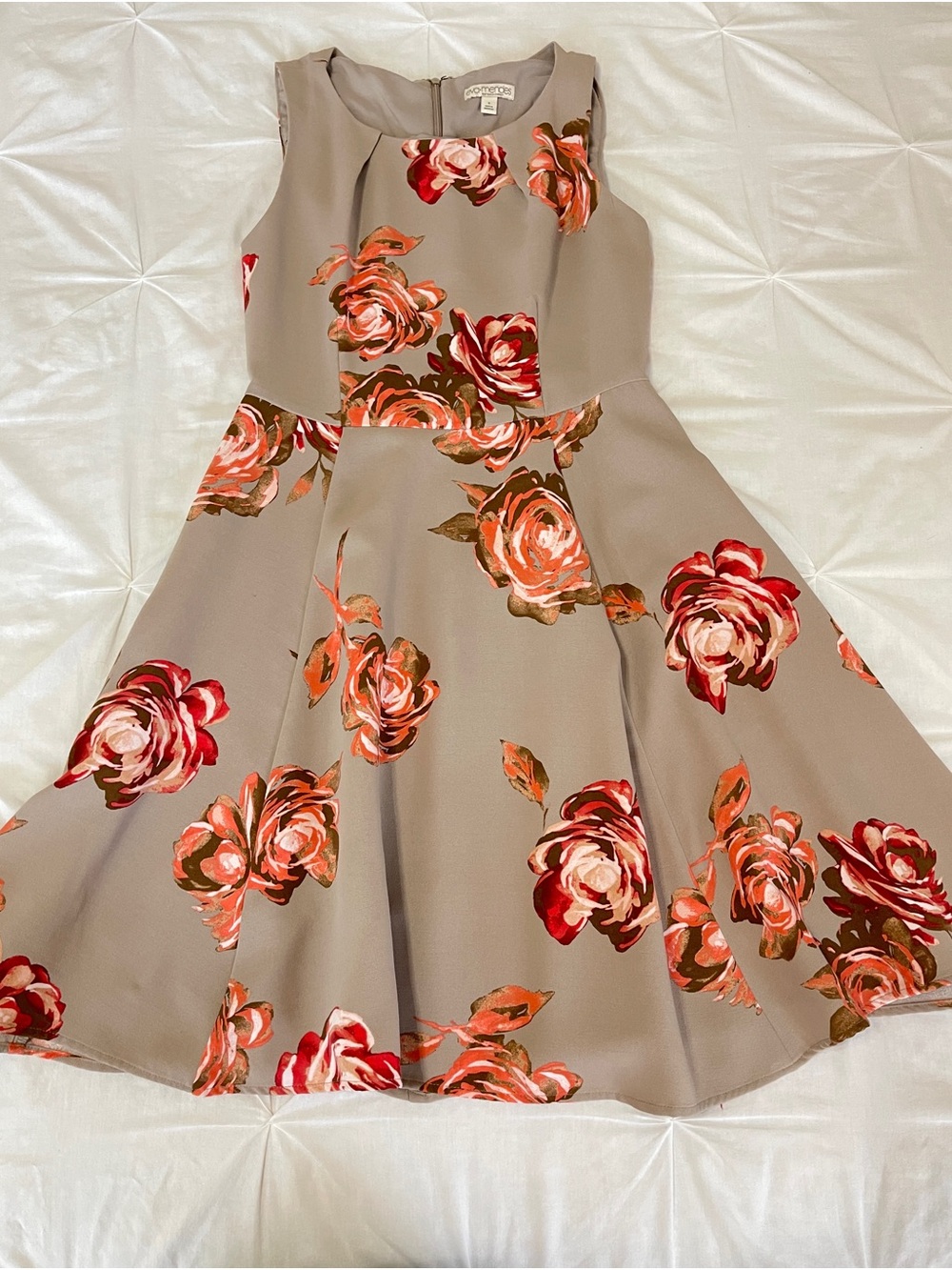 Floral Fit-and-Flare Midi Dress in Taupe with Red Rose Print